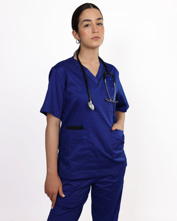 Pyjama de Bloc Col V Stretch Femme - Bleu Roi