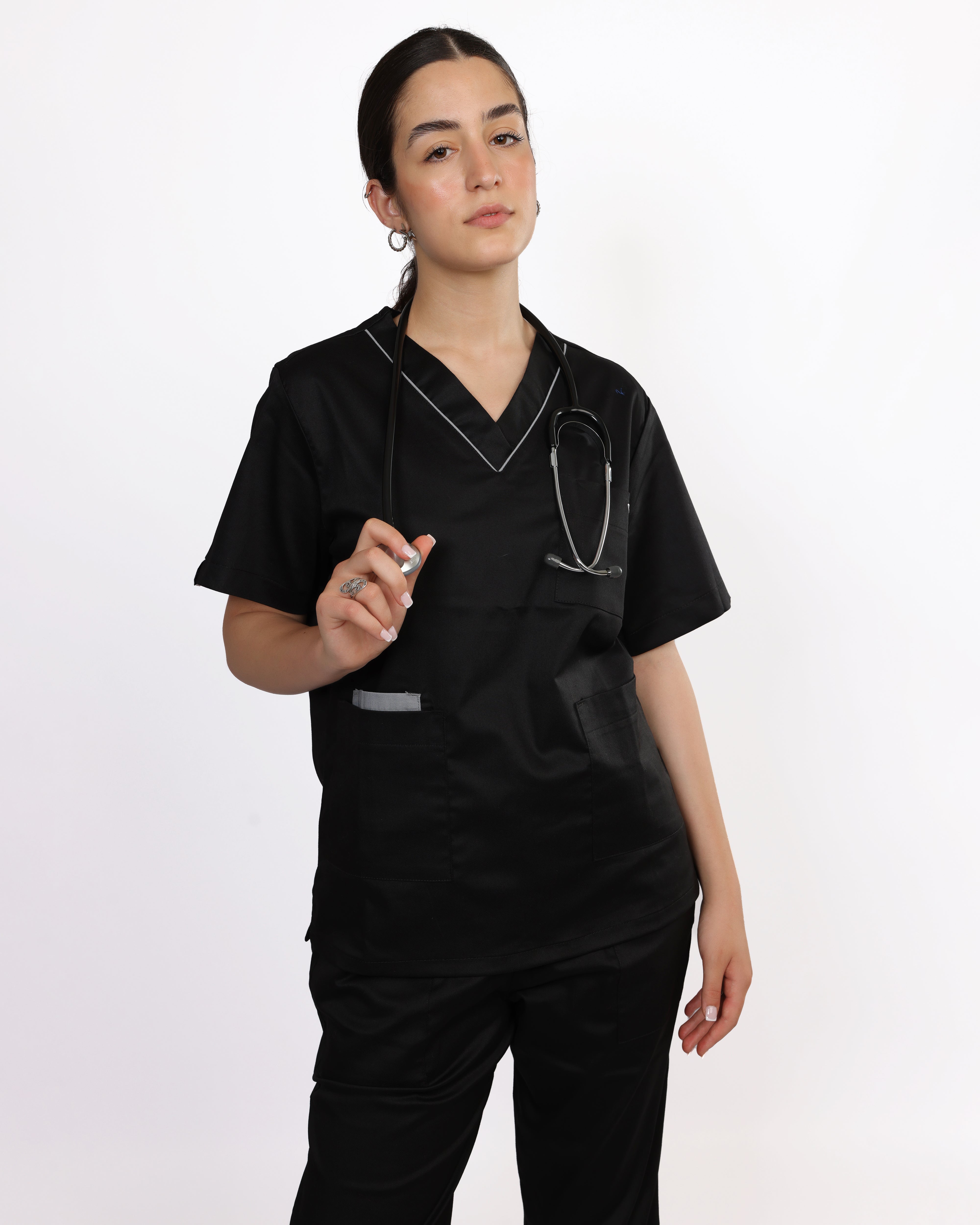 Pyjama de Bloc Col V Stretch Femme - Noir