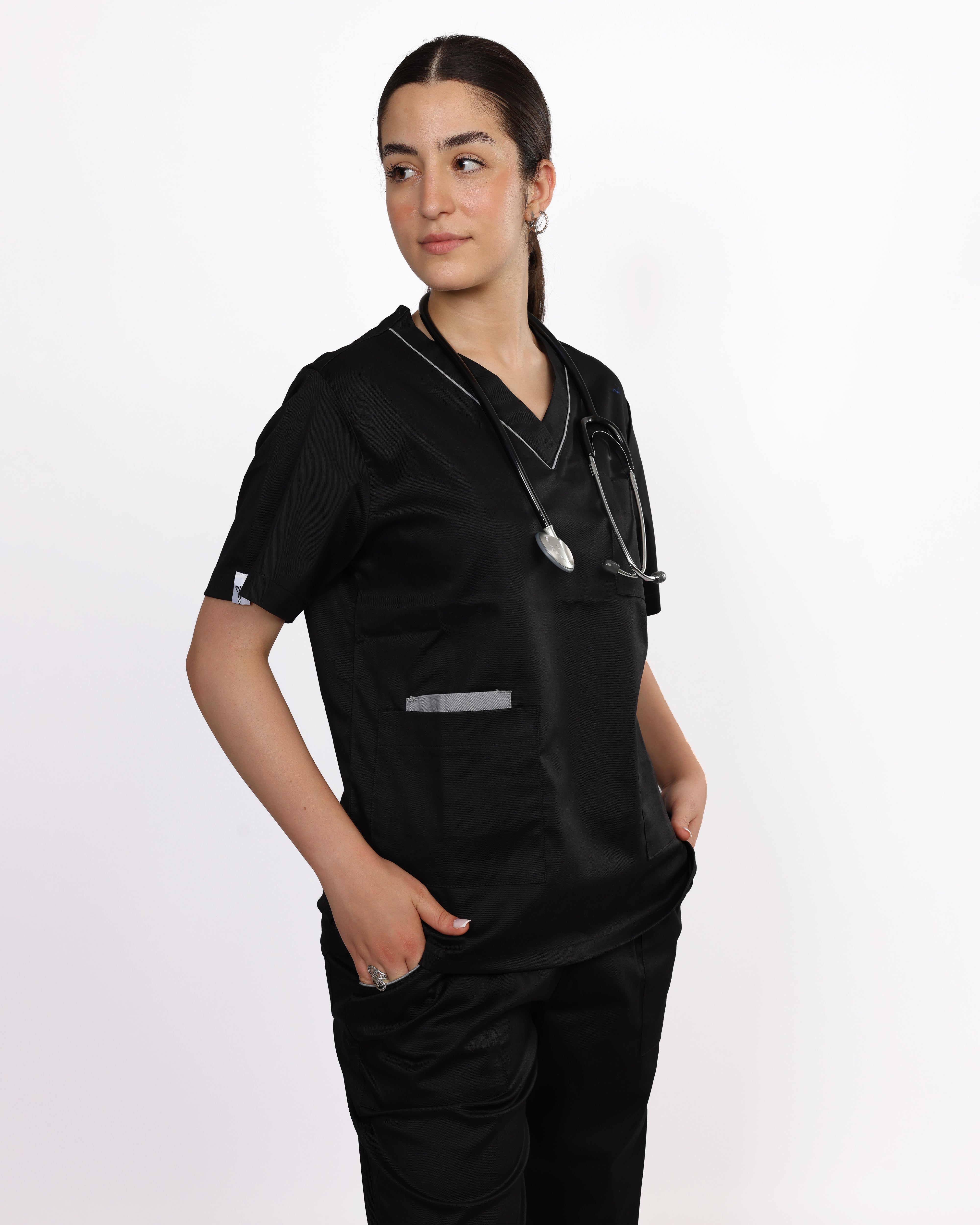 Pyjama de Bloc Col V Stretch Femme - Noir