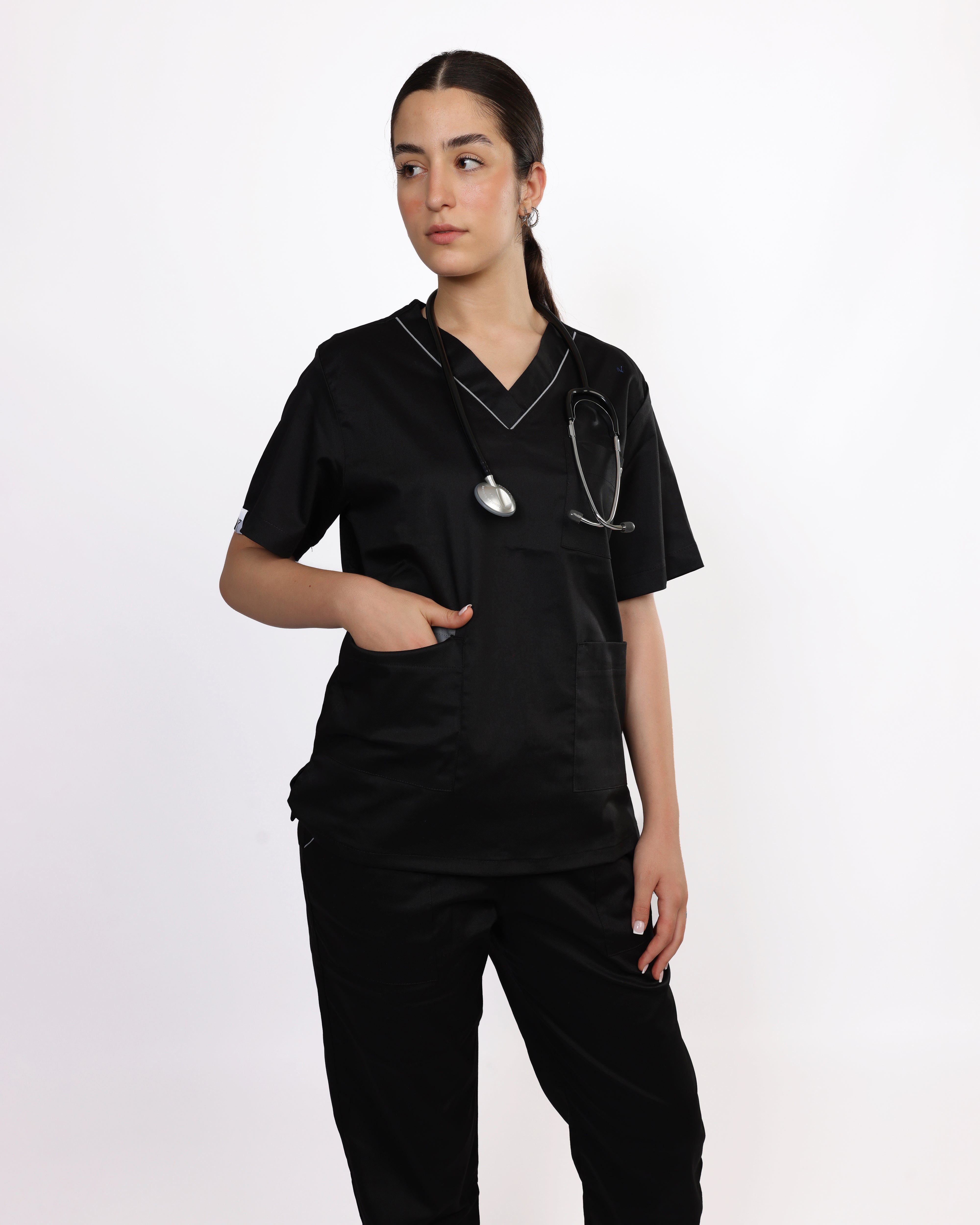Pyjama de Bloc Col V Stretch Femme - Noir