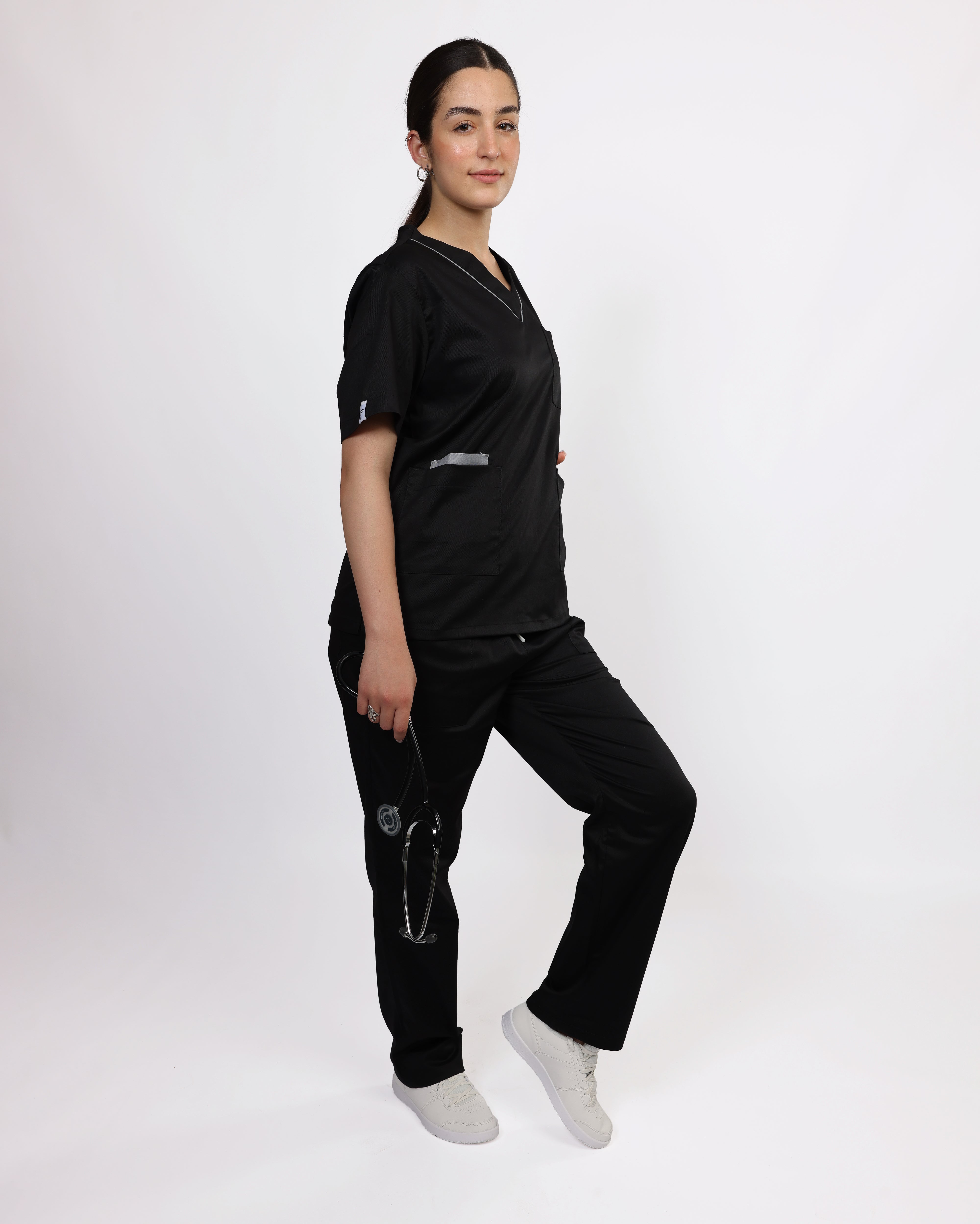 Pyjama de Bloc Col V Stretch Femme - Noir