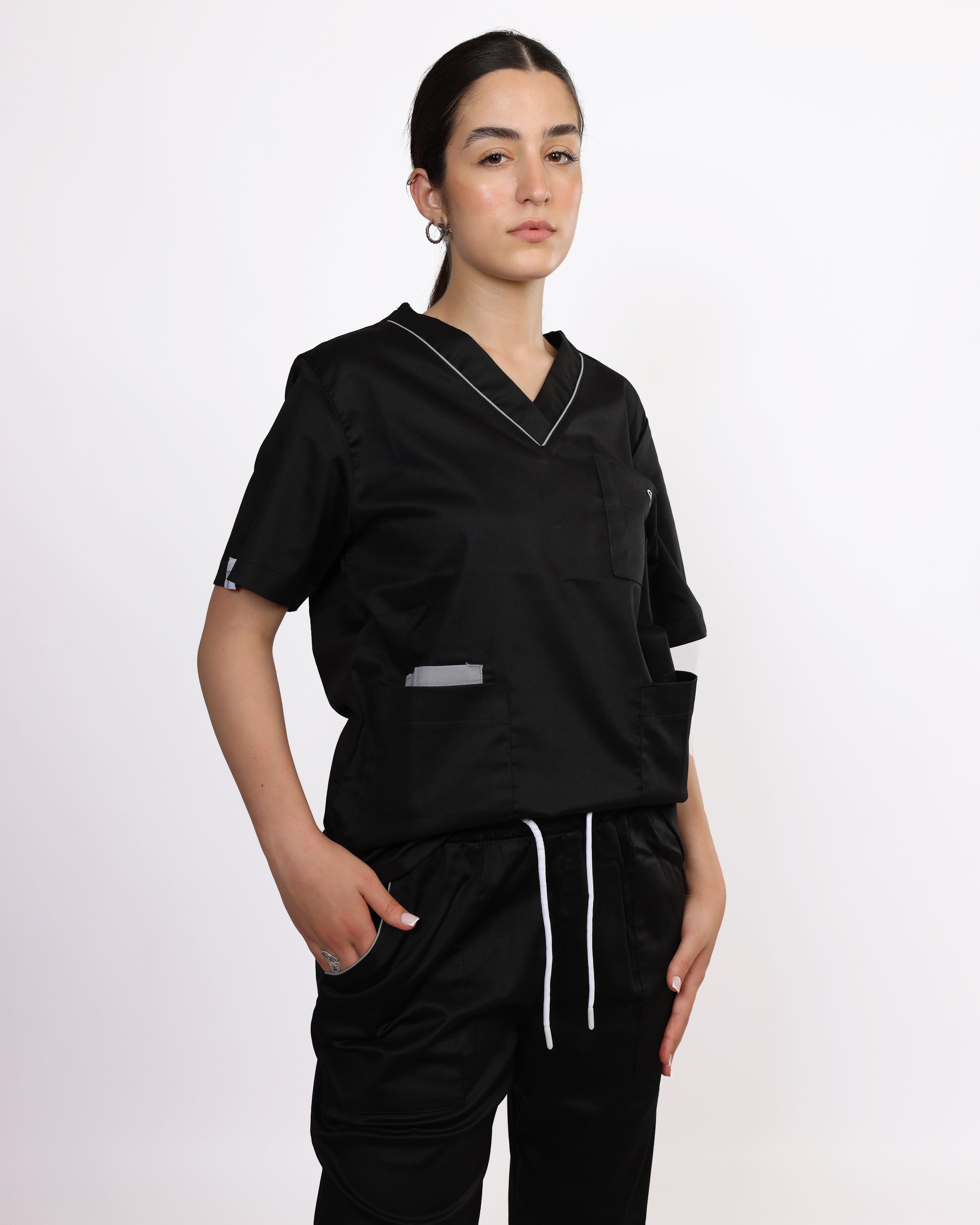 Pyjama de Bloc Col V Stretch Femme - Noir