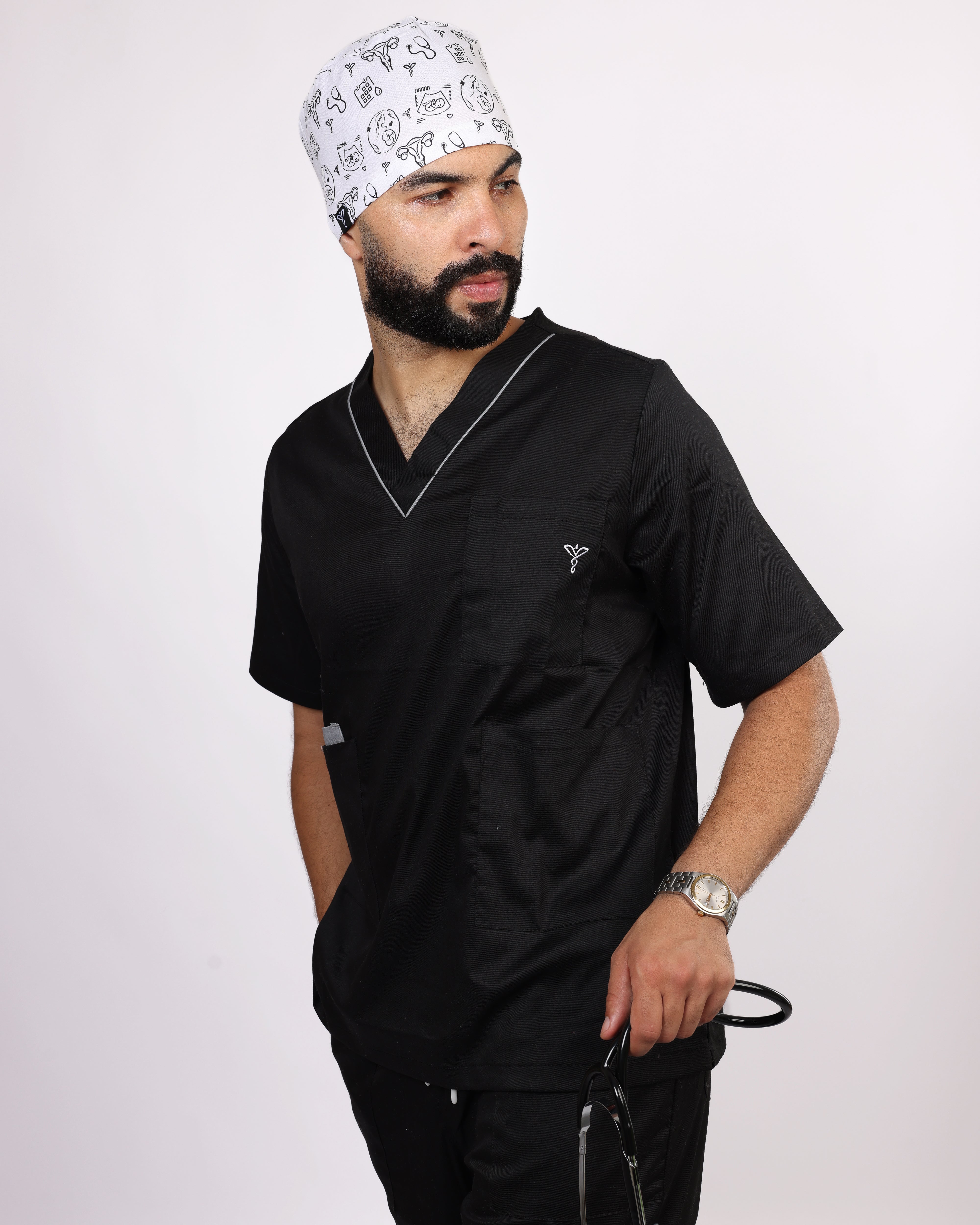 Calot Médical Unisexe – Motif Gynéco Fond Blanc Motifs Noir