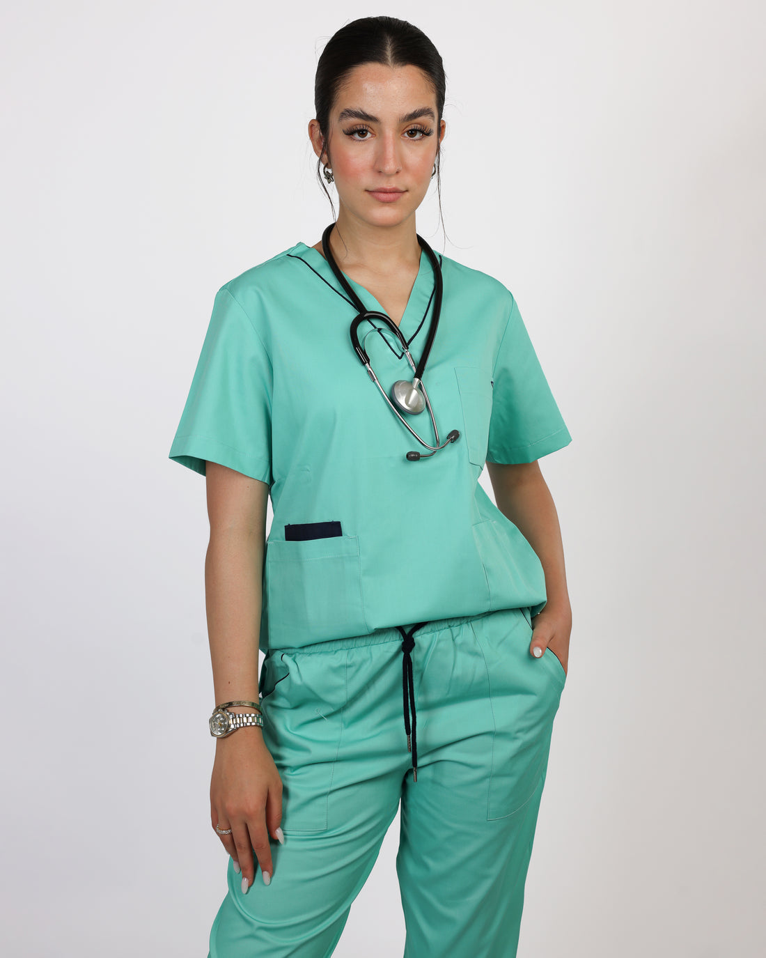 Pyjama de Bloc Col V Stretch Femme - Vert D'Eau