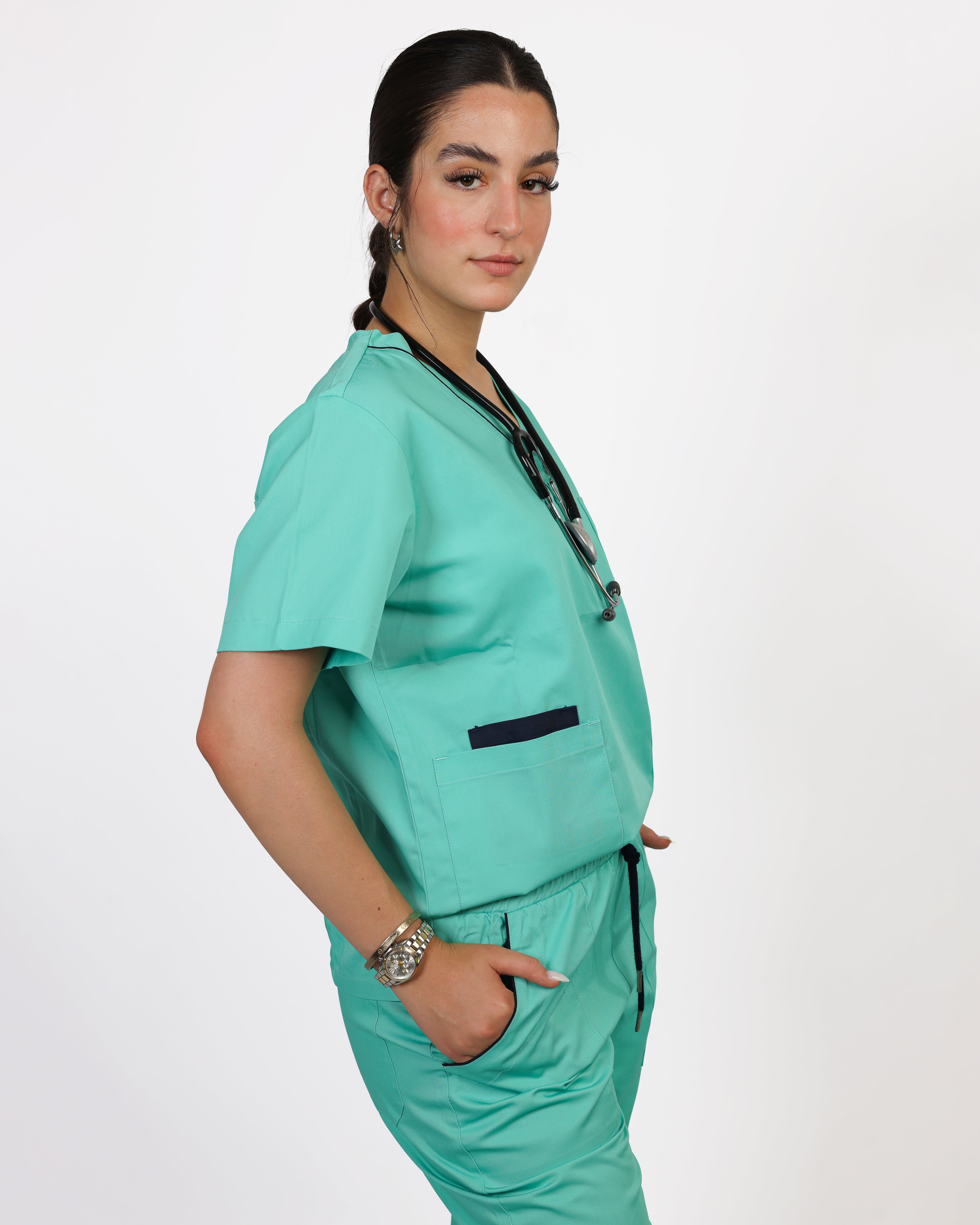 Pyjama de Bloc Col V Stretch Femme - Vert D'Eau